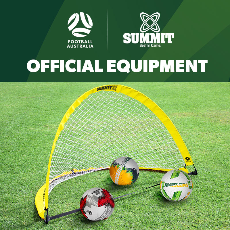 Summit Football Australia Tear Drop Goal on grass, along with a socceroos ball, a matildas ball and a summit football australia resist soccer ball